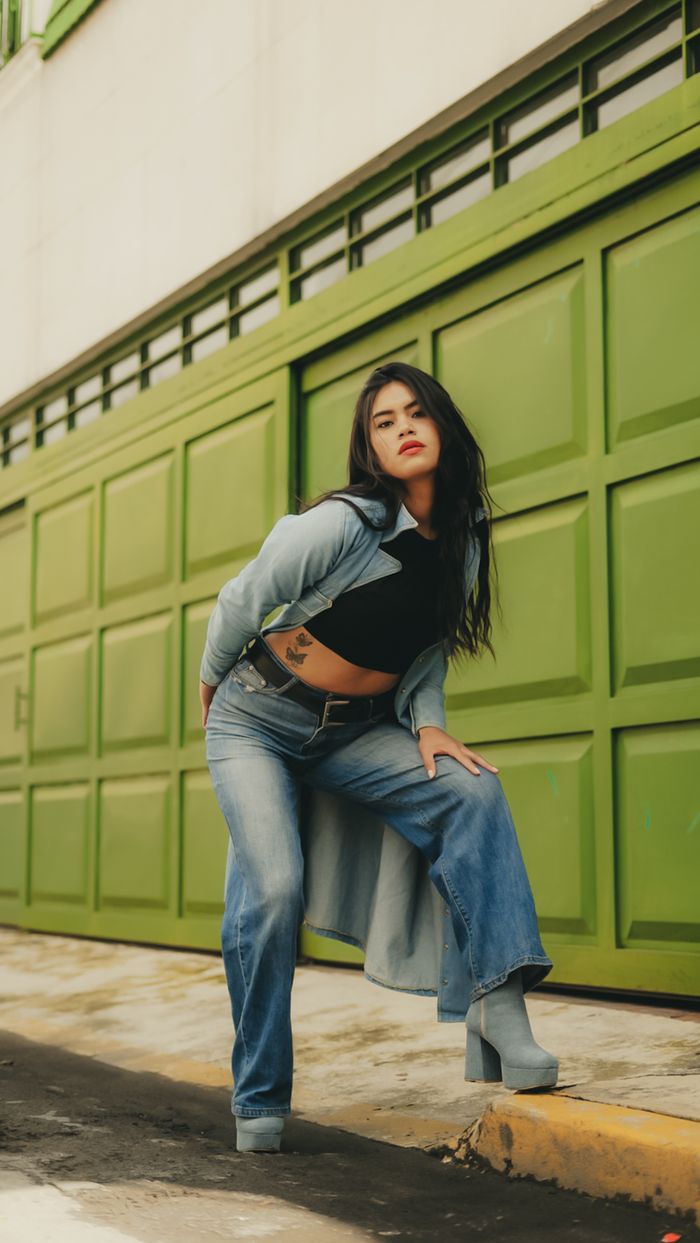Confident woman posing outdoors in denim outfit against a vibrant green garage door.